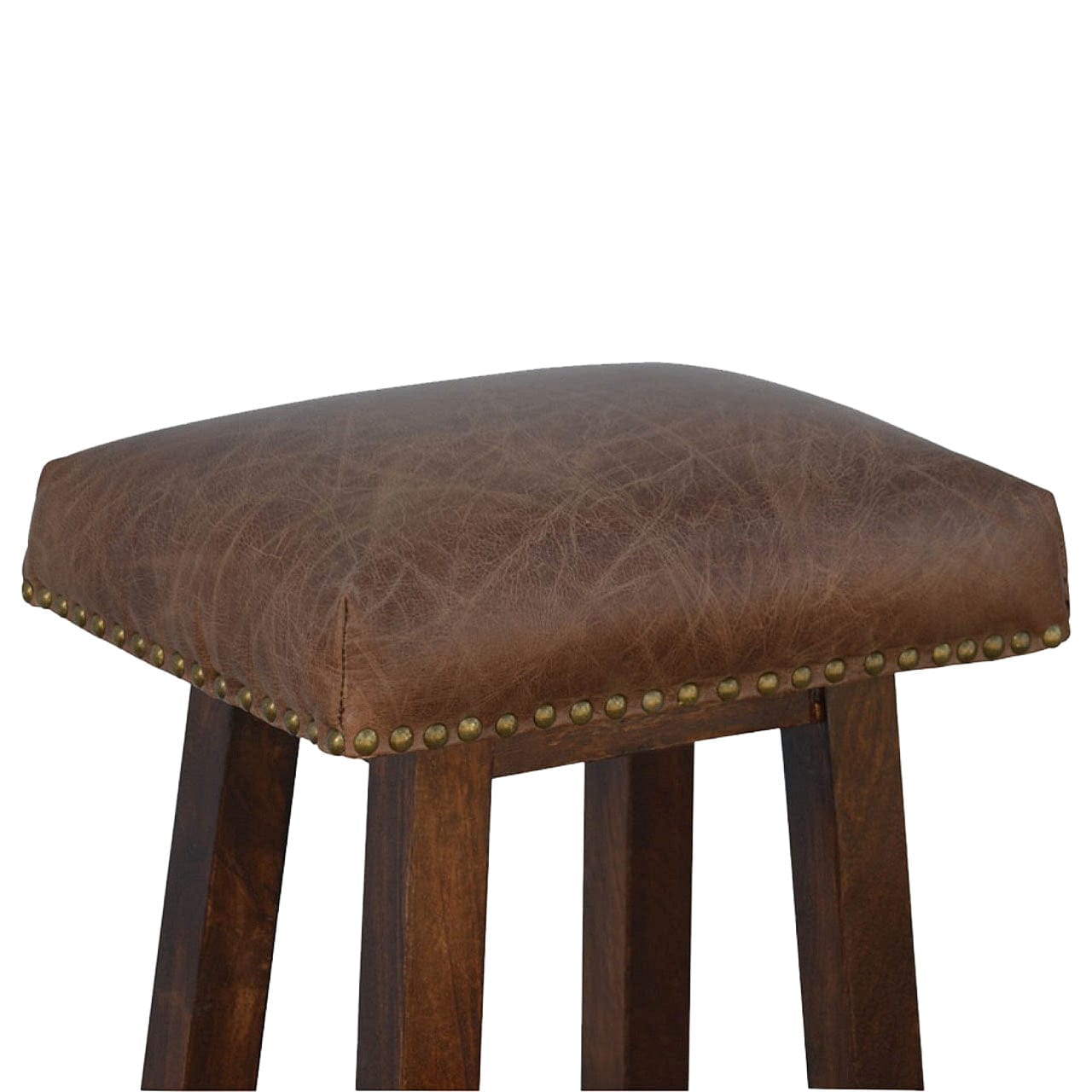 Buffalo Brass Leather Bar Stool - Solid Mango Wood Counter Stool for Kitchen - product view 5 showing handcrafted solid...