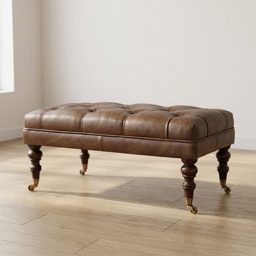 Buffalo Leather Ottoman - Solid Mango Wood Accent Stool for Living Room - main view showing handcrafted solid mango wood...