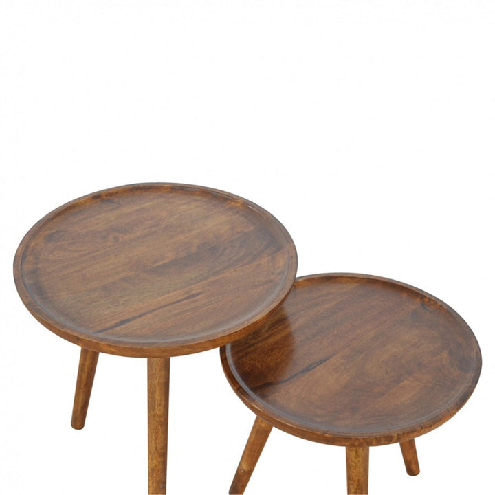 Chestnut Tray Nesting Stools for Bedroom in Solid Mango Wood - product view 3 showing handcrafted solid mango wood dresser