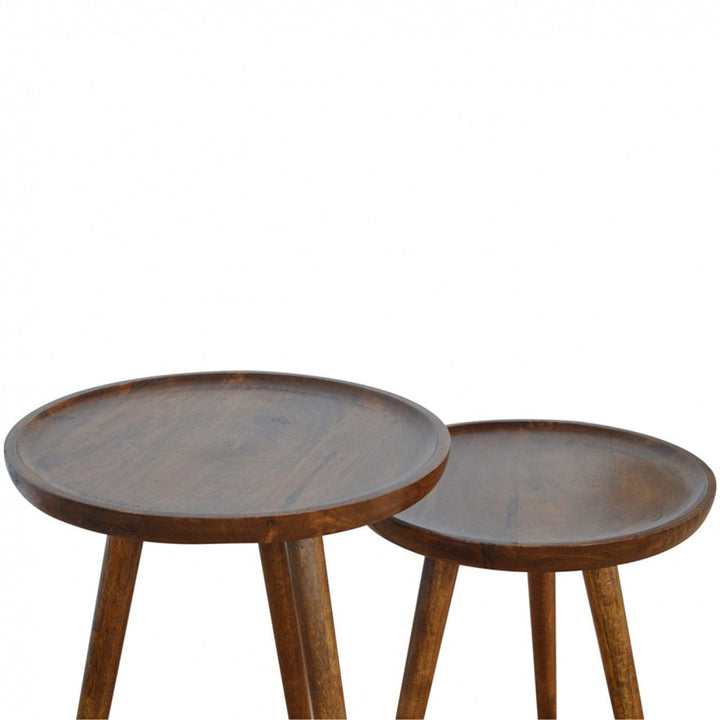 Chestnut Tray Nesting Stools for Bedroom in Solid Mango Wood - product view 2 showing handcrafted solid mango wood dresser