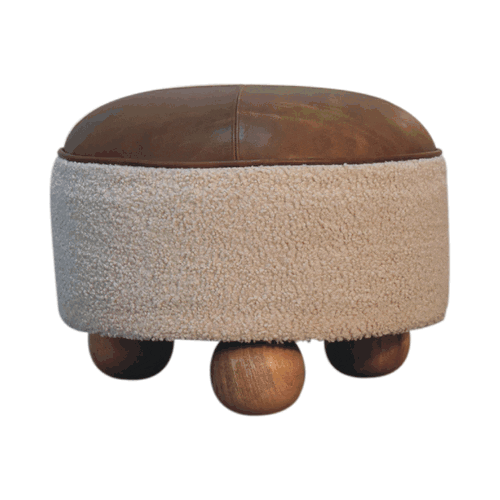 Cream Boucle Buffalo Footstool - Solid Mango Wood Accent Stool for Living Room - product view 8 showing handcrafted solid...