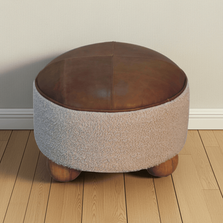 Cream Boucle Buffalo Footstool - Solid Mango Wood Accent Stool for Living Room - main view showing handcrafted solid...