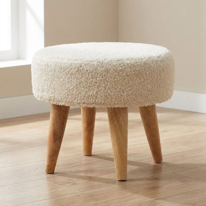 Cream Boucle Petite Footstool - Solid Mango Wood Accent Stool for Living Room - main view showing handcrafted solid mango...