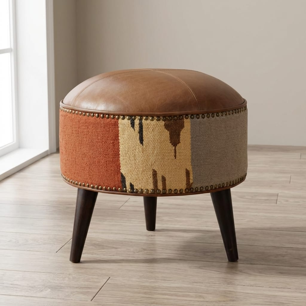 Durrie & Leather Mixed Footstool - Solid Mango Wood Accent Stool for Living Room - main view showing handcrafted solid...