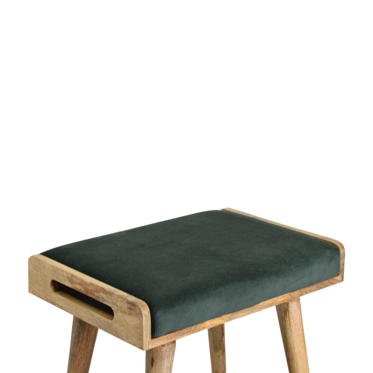 Emerald Velvet Tray Style Footstool - Solid Mango Wood Accent Stool for Living Room - product view 4 showing handcrafted...