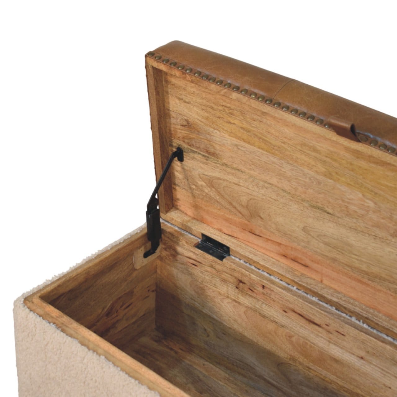 Handcrafted Boucle Lid- up Storage Ottoman - Solid Mango Wood Accent Stool for Living Room - product view 6 showing...