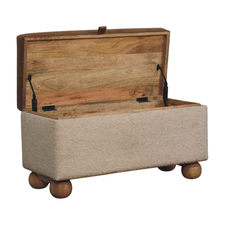 Handcrafted Boucle Lid- up Storage Ottoman - Solid Mango Wood Accent Stool for Living Room - product view 5 showing...