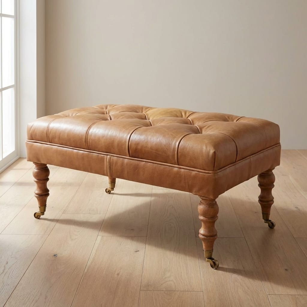 Handcrafted Buffalo Tan Leather Ottoman - Solid Mango Wood Accent Stool for Living Room - main view showing handcrafted...