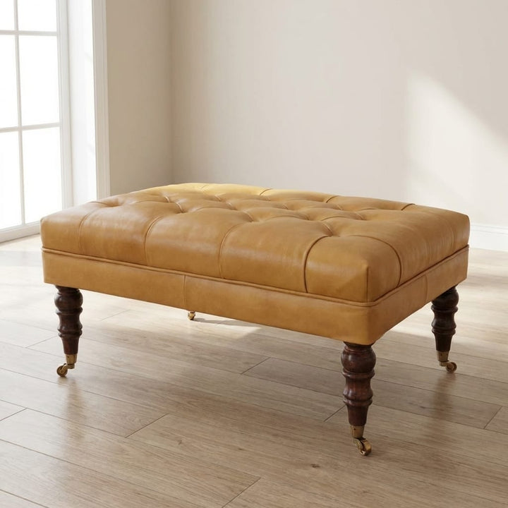 Handcrafted Buffalo Tan Leather Ottoman - Solid Mango Wood Accent Stool for Living Room - main view showing handcrafted...