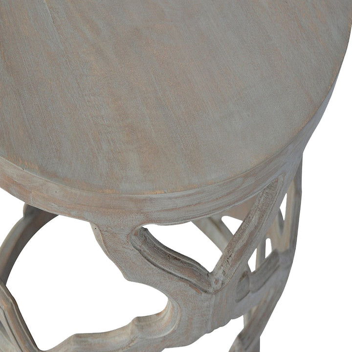 Handcrafted Grey Wash Cut-out Stool - Solid Mango Wood Accent Seating - product view 4 showing handcrafted solid mango...