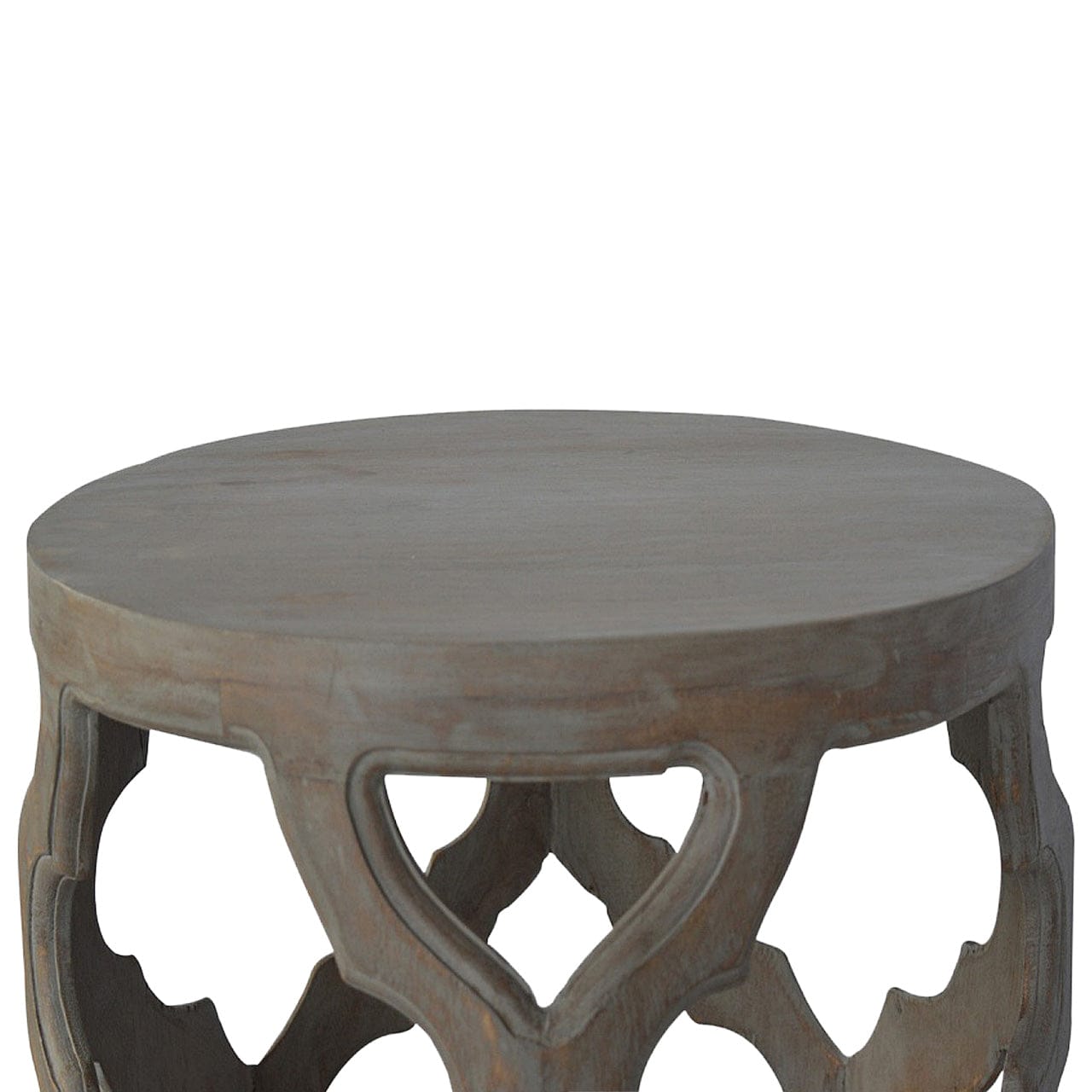 Handcrafted Grey Wash Cut-out Stool - Solid Mango Wood Accent Seating - product view 2 showing handcrafted solid mango...