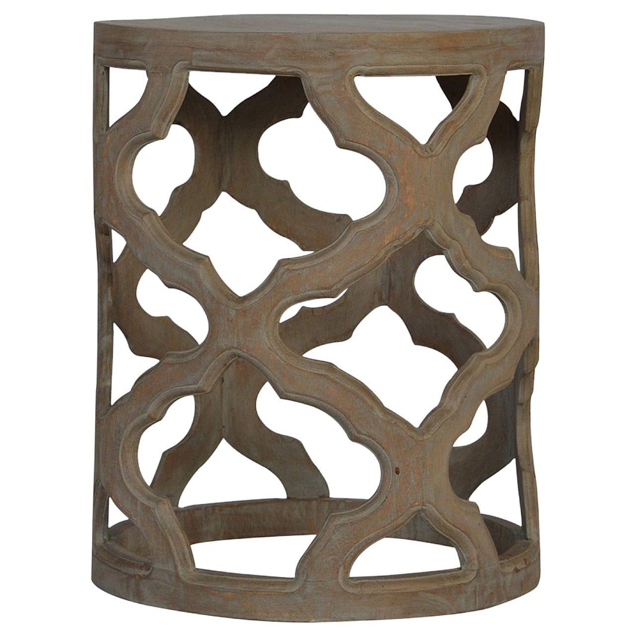 Handcrafted Grey Wash Cut-out Stool - Solid Mango Wood Accent Seating - main view showing handcrafted solid mango wood stool
