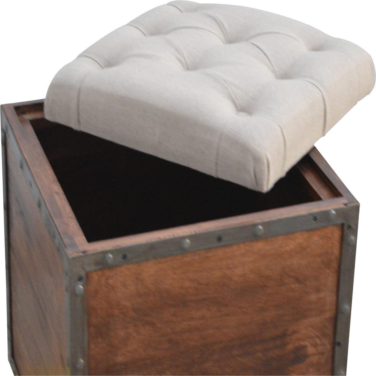 Handcrafted Iron Padded Storage Footstool - Solid Mango Wood Accent Stool for Living Room - product view 5 showing...