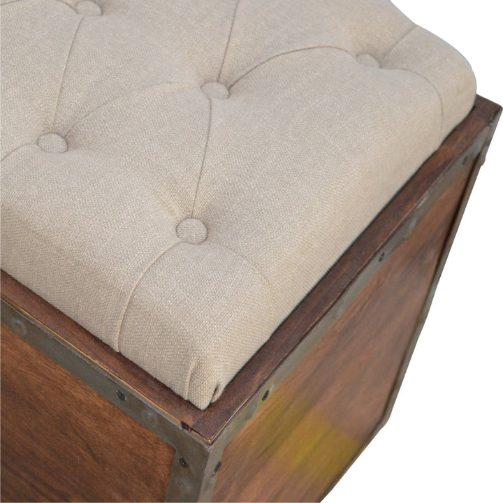 Handcrafted Iron Padded Storage Footstool - Solid Mango Wood Accent Stool for Living Room - product view 4 showing...
