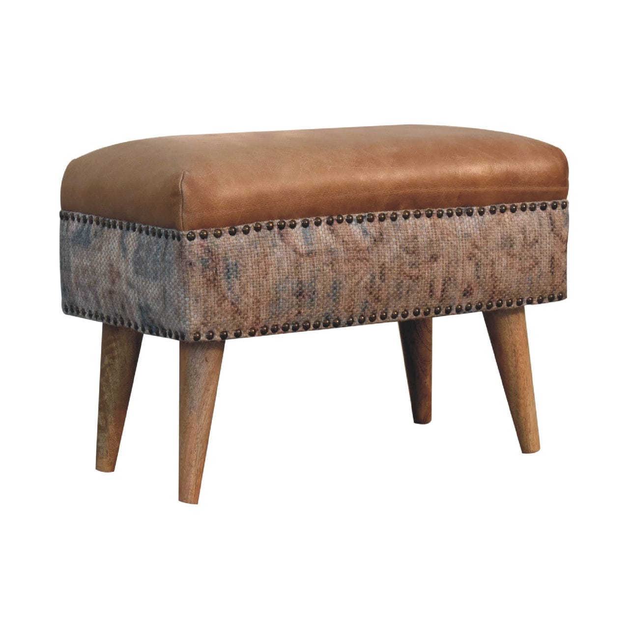 Haven Durrie Footstool - Solid Mango Wood Accent Stool for Living Room - product view 2 showing handcrafted solid mango...