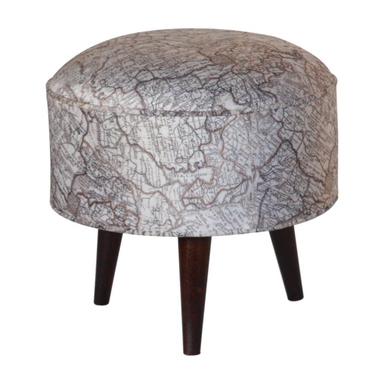 IN1017 - Map Printed Footstool - Solid Mango Wood Accent Stool for Living Room - main view showing handcrafted solid...