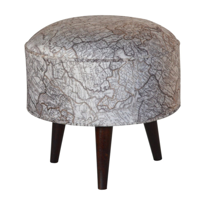 IN1017 - Map Printed Footstool - Solid Mango Wood Accent Stool for Living Room - main view showing handcrafted solid...