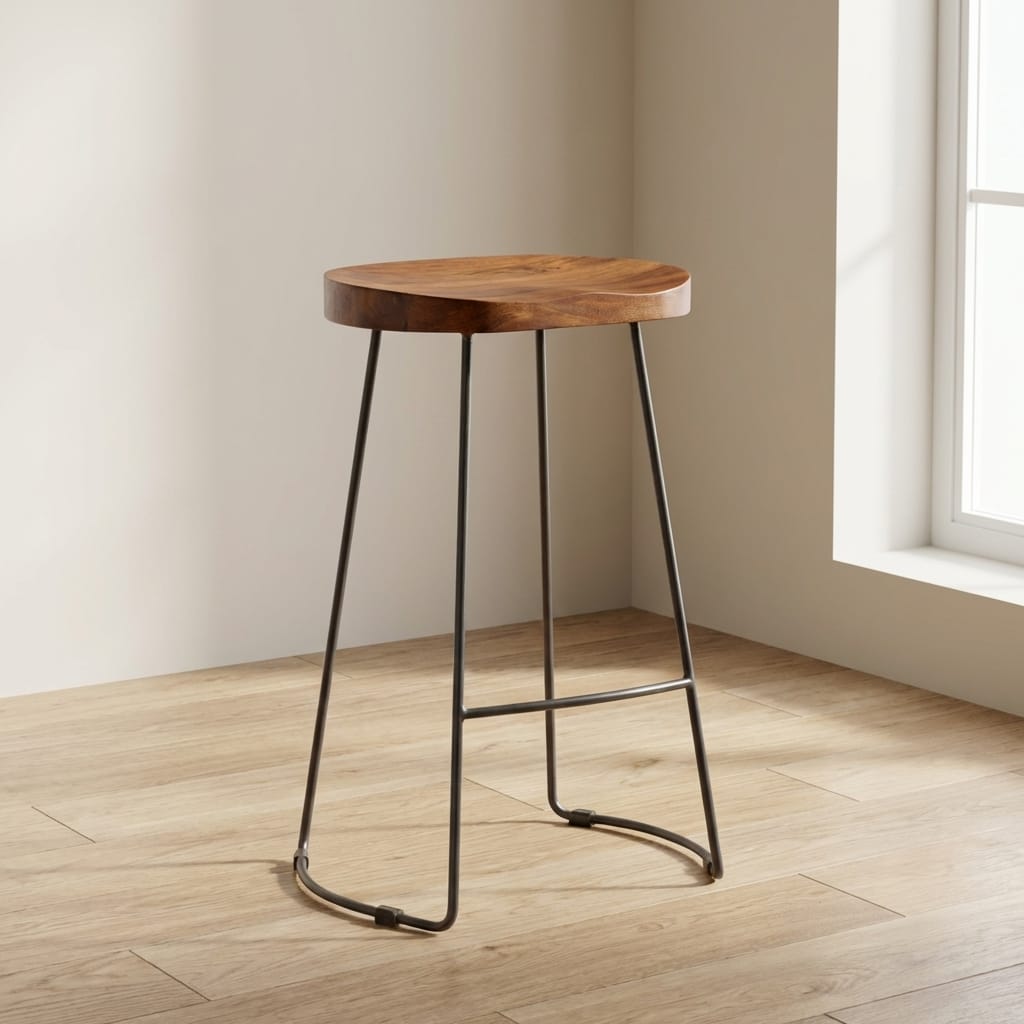 Industrial Chunky Bar Stool - Solid Mango Wood Counter Stool for Kitchen - main view showing handcrafted solid mango wood...