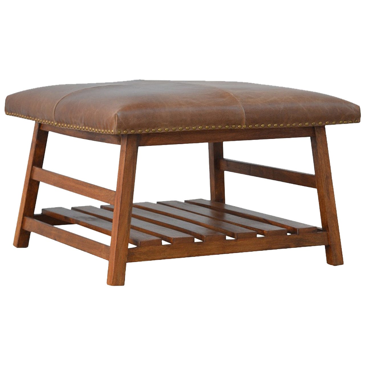Mid-Century Modern Buffalo Hide Square Foot Stool - Solid Mango Wood Accent Seating - main view showing handcrafted solid...