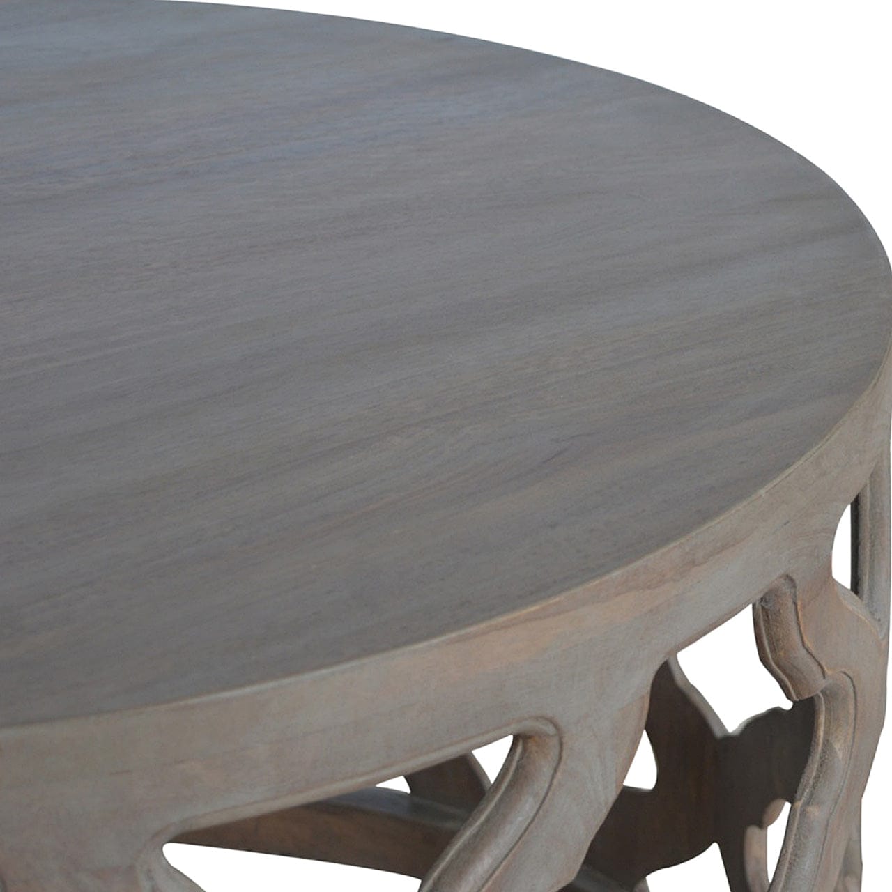 Mid-Century Modern Grey Wash Cut-out Stool - Solid Mango Wood Accent Seating - product view 2 showing handcrafted solid...