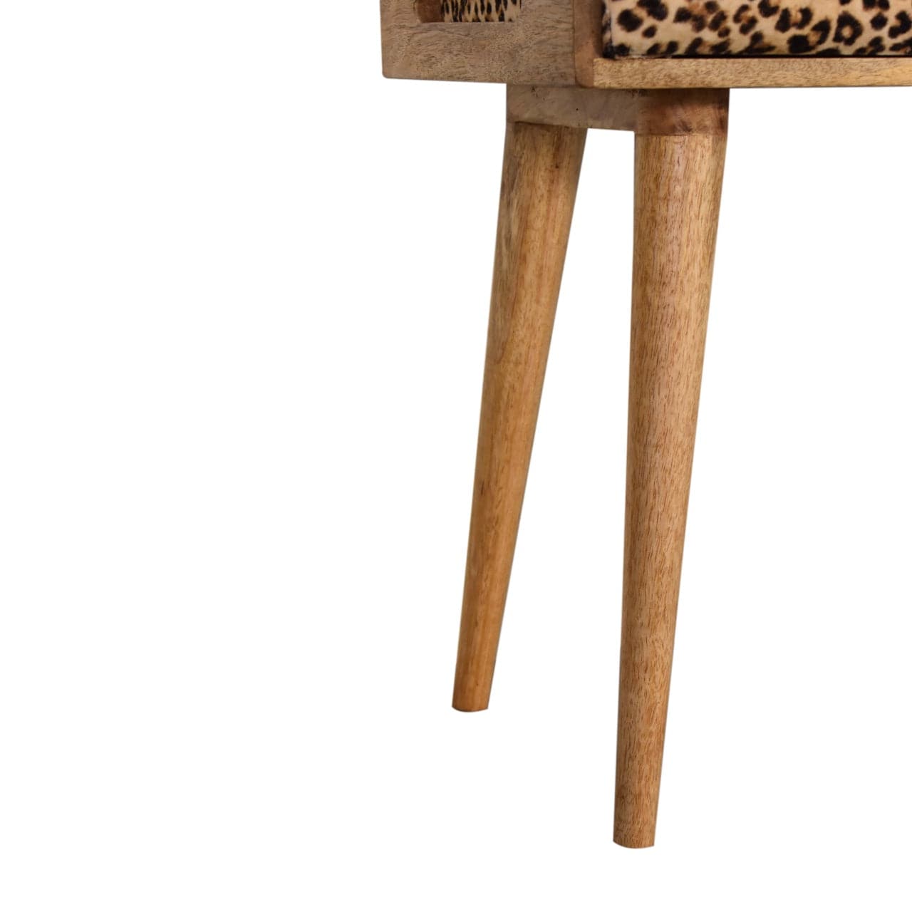 Mid-Century Modern Leopard Velvet Tray Style Footstool - Solid Mango Wood Accent Stool for Living Room - product view 6...