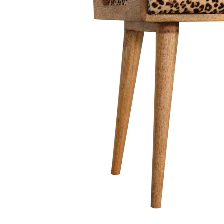 Mid-Century Modern Leopard Velvet Tray Style Footstool - Solid Mango Wood Accent Stool for Living Room - product view 6...