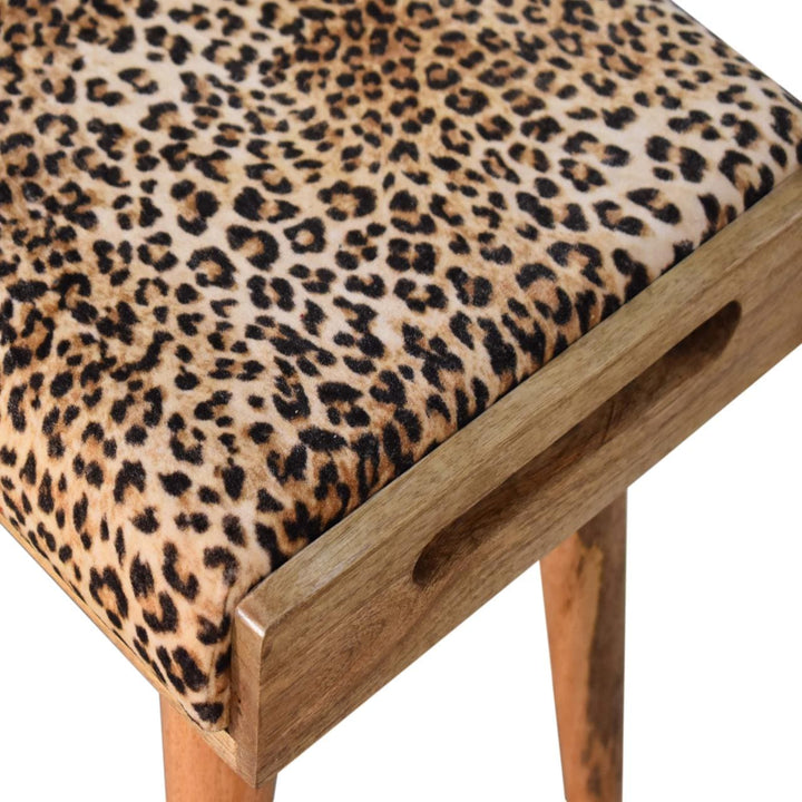 Mid-Century Modern Leopard Velvet Tray Style Footstool - Solid Mango Wood Accent Stool for Living Room - product view 5...