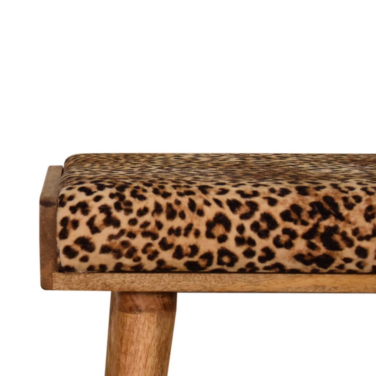 Mid-Century Modern Leopard Velvet Tray Style Footstool - Solid Mango Wood Accent Stool for Living Room - product view 4...