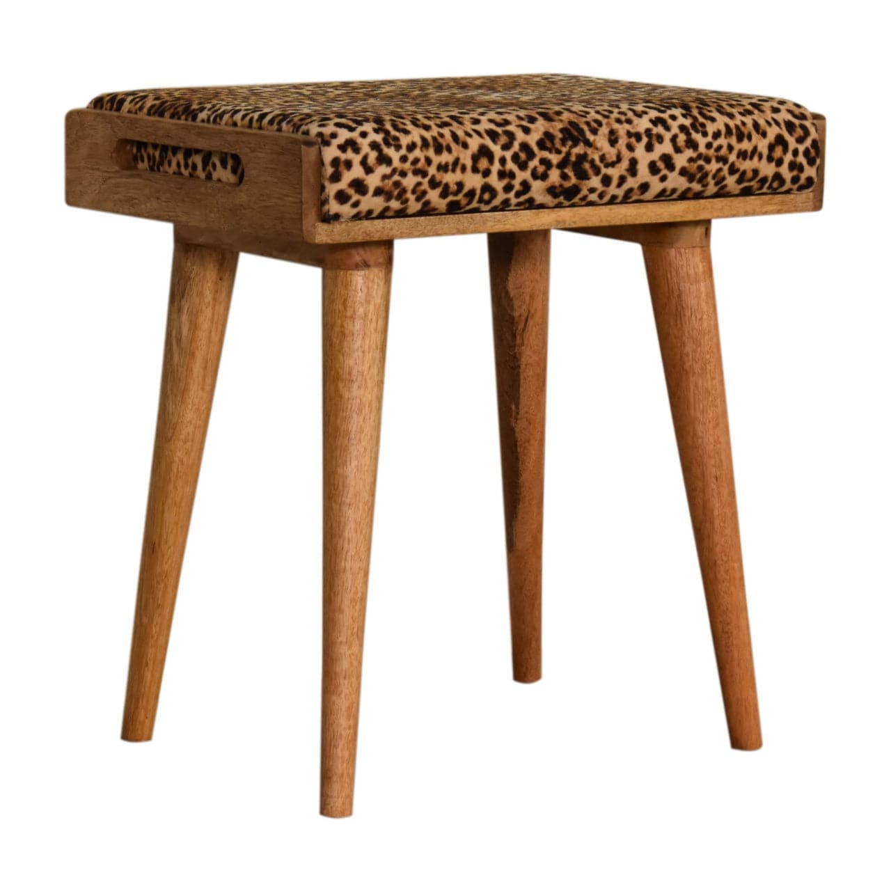 Mid-Century Modern Leopard Velvet Tray Style Footstool - Solid Mango Wood Accent Stool for Living Room - product view 2...