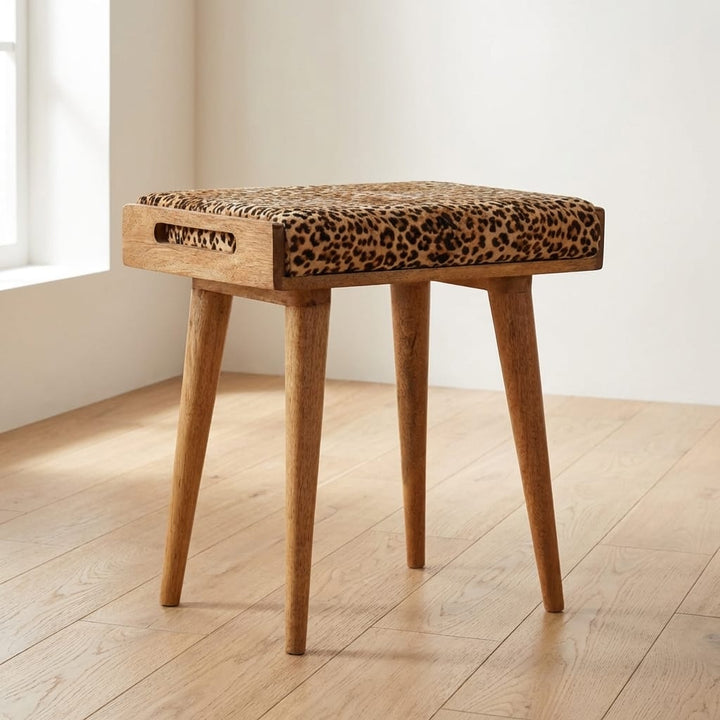 Mid-Century Modern Leopard Velvet Tray Style Footstool - Solid Mango Wood Accent Stool for Living Room - main view...
