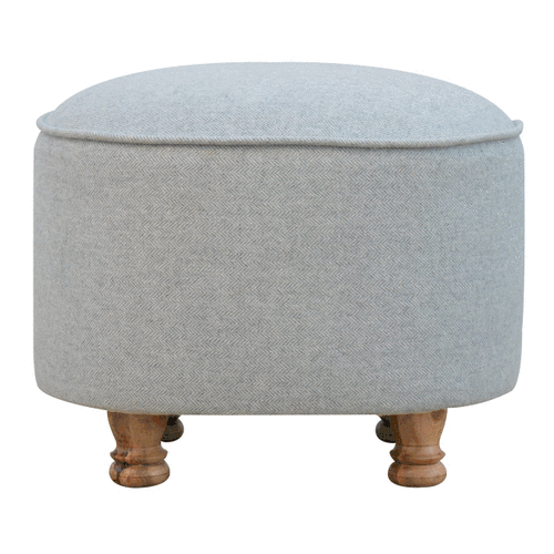 Mid-Century Modern Light Grey Tweed Oval Footstool - Solid Mango Wood Accent Stool for Living Room - product view 8...