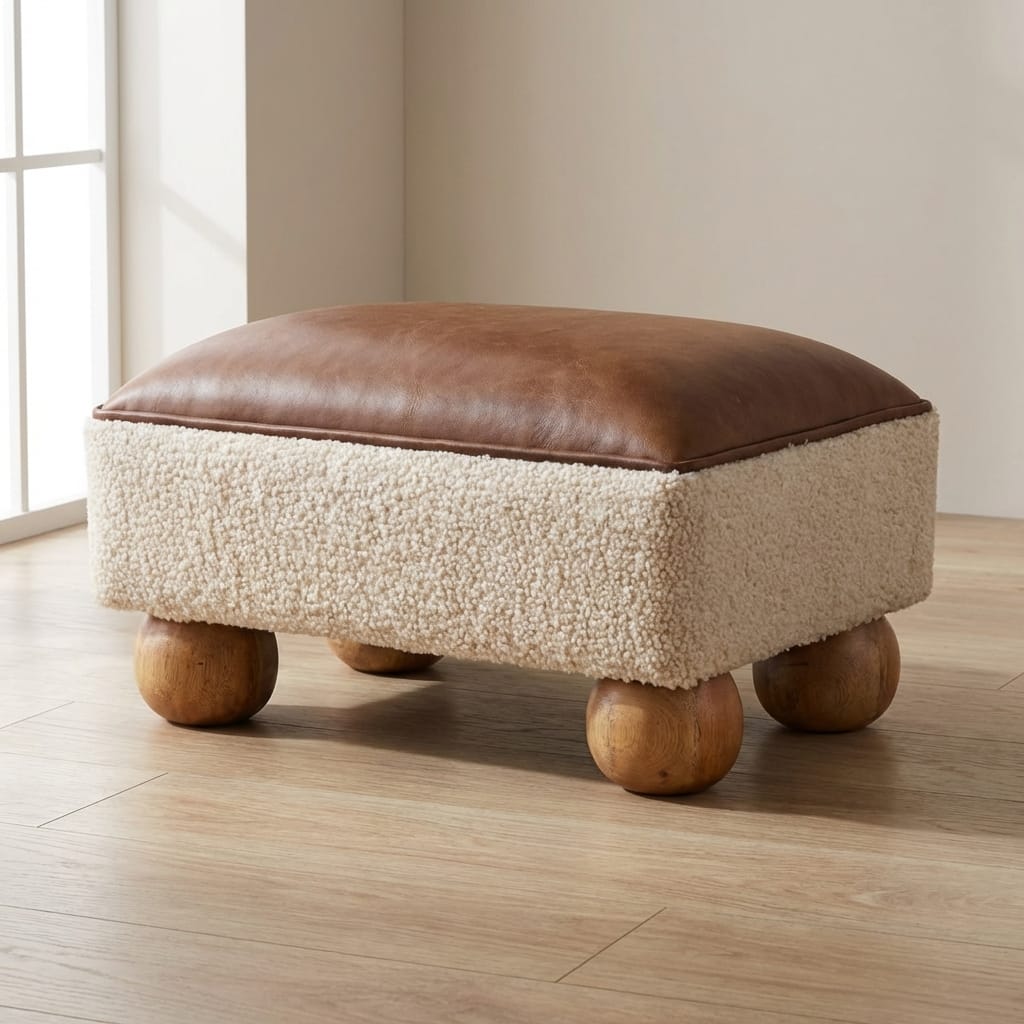 Vintage Leather Boucle Ball Footstool - Solid Mango Wood Accent Stool for Living Room - main view showing handcrafted...