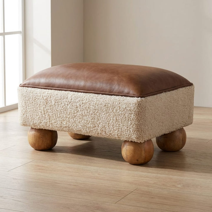Vintage Leather Boucle Ball Footstool - Solid Mango Wood Accent Stool for Living Room - main view showing handcrafted...