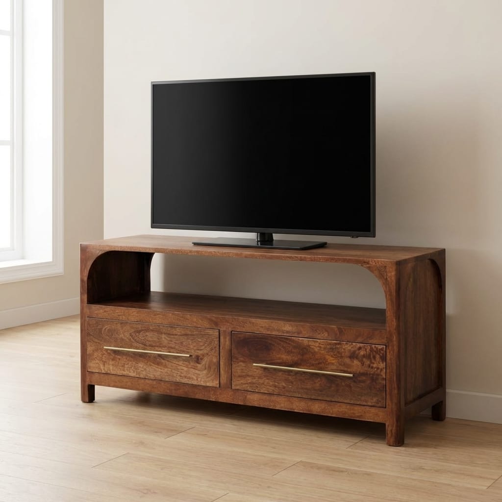 Arc-Line Roasted Almond Finish Media Console - Solid Mango Wood TV Stand for Living Room - main view showing handcrafted...