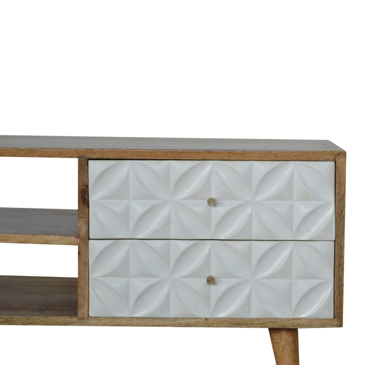 Carved Diamond TV Stand - Solid Mango Wood Entertainment Center for Living Room - product view 3 showing handcrafted...