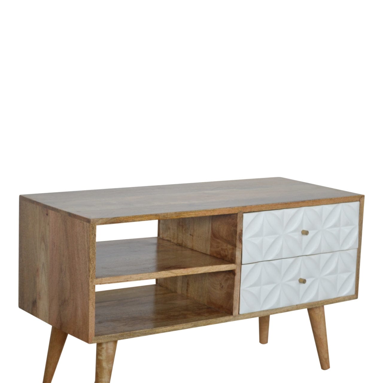 Carved Diamond TV Stand - Solid Mango Wood Entertainment Center for Living Room - product view 2 showing handcrafted...