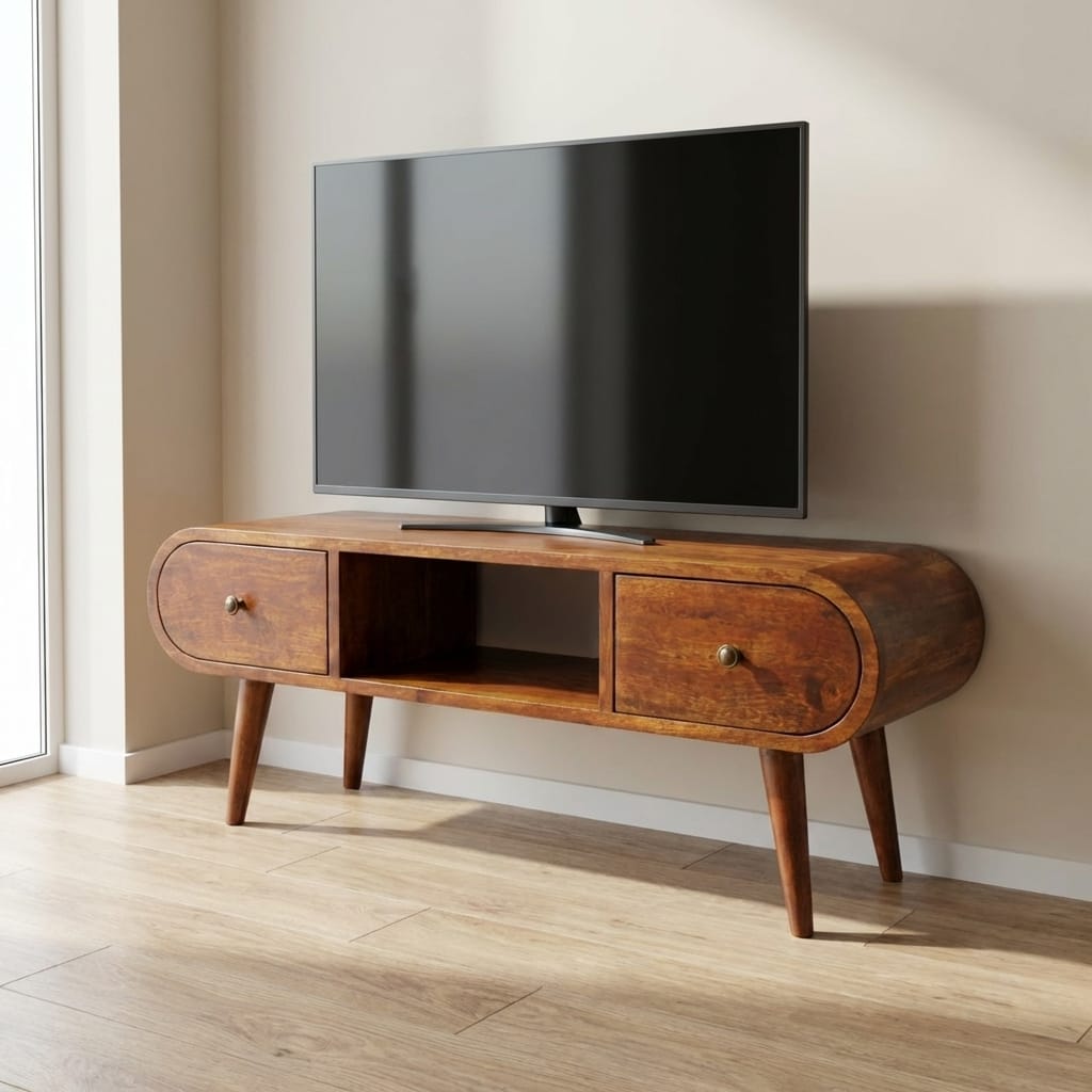 Chestnut Circular TV Stand - Entertainment Center in Solid Mango Wood - main view showing handcrafted solid mango wood tv...