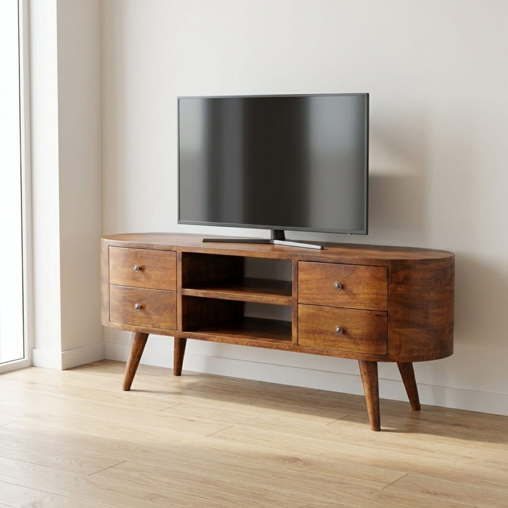 Chestnut Rounded TV Stand - Solid Mango Wood Entertainment Center for Living Room - main view showing handcrafted solid...
