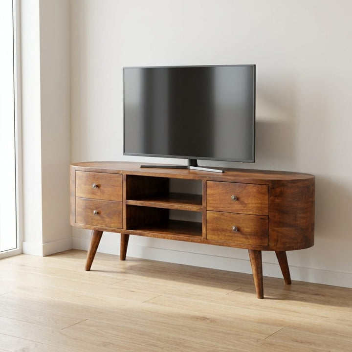 Chestnut Rounded TV Stand - Solid Mango Wood Entertainment Center for Living Room - main view showing handcrafted solid...