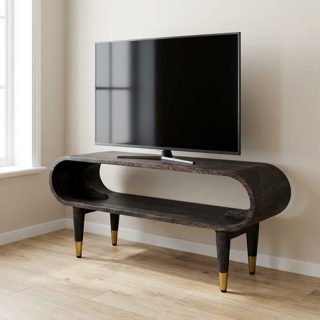 Curved Edge Media TV Stand with Brass Accents - Solid Mango Wood Entertainment Unit in Carbon Ash Finish - main view...