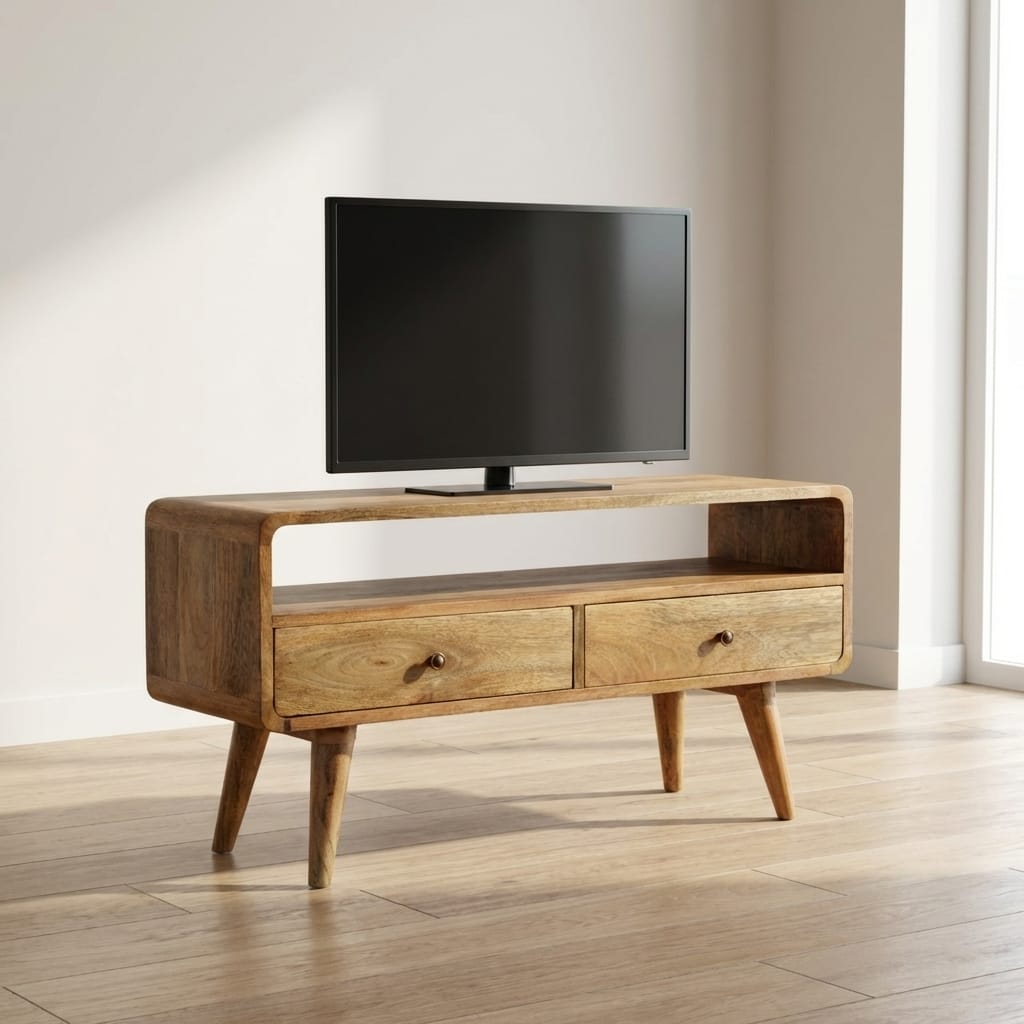 Curved Oak-ish TV Stand - Solid Mango Wood Entertainment Center for Living Room - main view showing handcrafted solid...