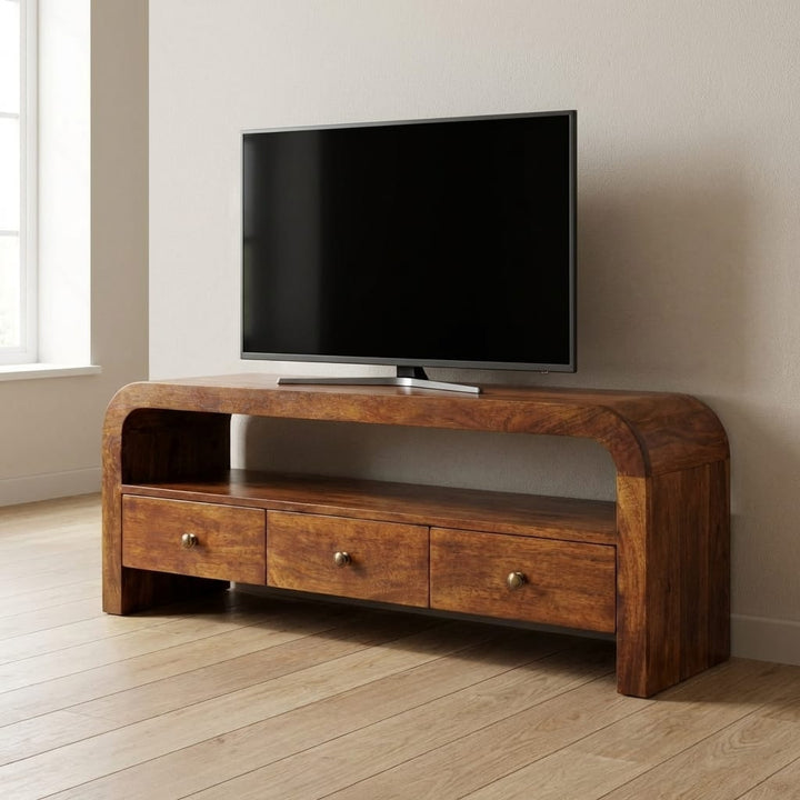 Functional Darcy 3 drawer Open Shelf Chestnut TV Stand - Solid Mango Wood Entertainment Center for Living Room - main...