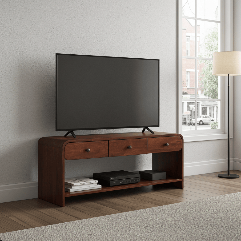 Handcrafted Aspen Slim TV Stand - Solid Mango Wood Entertainment Center for Living Room - main view showing handcrafted...
