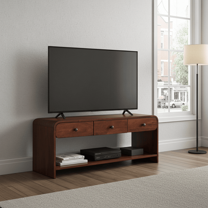 Handcrafted Aspen Slim TV Stand - Solid Mango Wood Entertainment Center for Living Room - main view showing handcrafted...