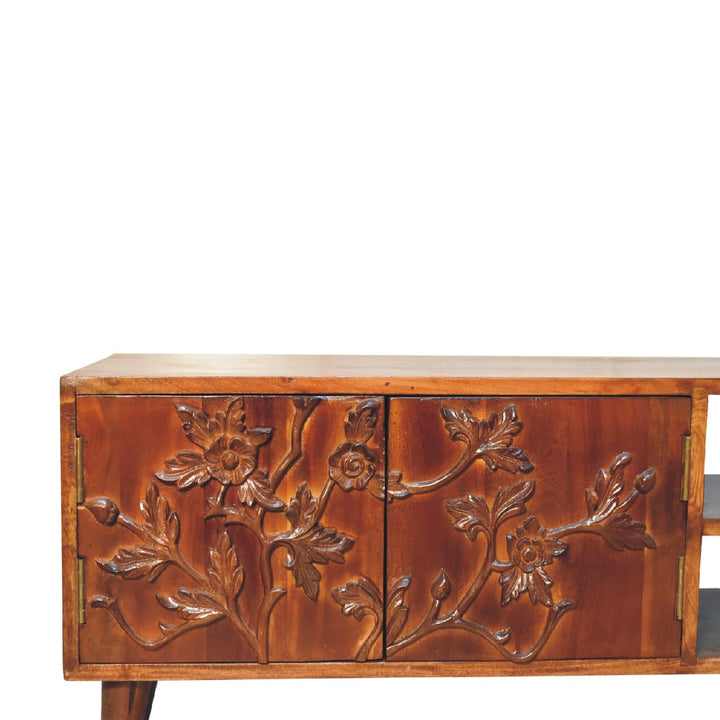 Handcrafted Botanic TV Stand - Solid Mango Wood Entertainment Center for Living Room - product view 4 showing handcrafted...