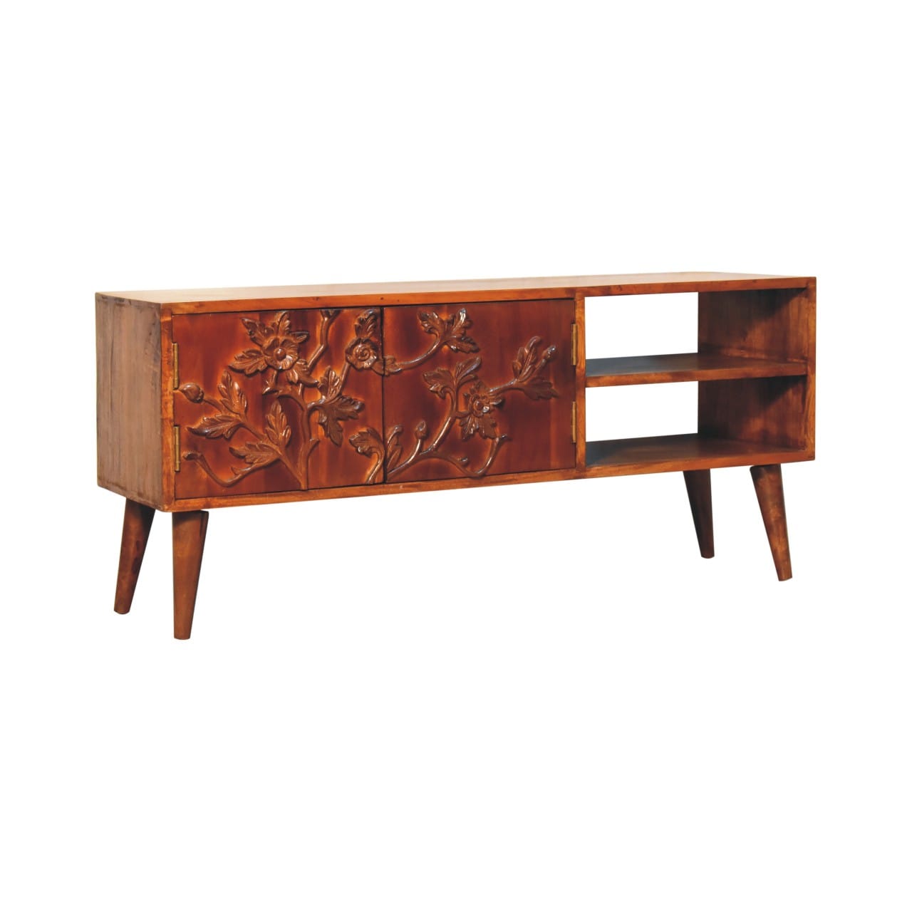 Handcrafted Botanic TV Stand - Solid Mango Wood Entertainment Center for Living Room - product view 2 showing handcrafted...