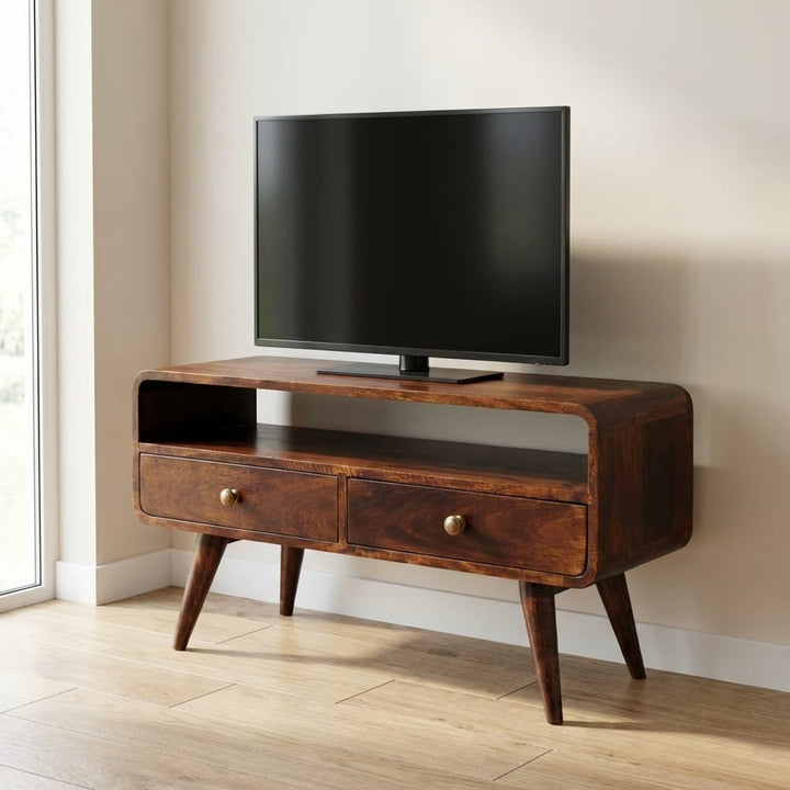 Handcrafted Curved California Walnut TV Stand - Solid Mango Wood Entertainment Center for Living Room - main view showing...