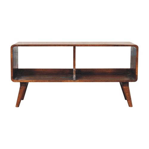Handcrafted Curved Chestnut Double Slot TV Stand - Solid Mango Wood Entertainment Center for Living Room - product view 9...