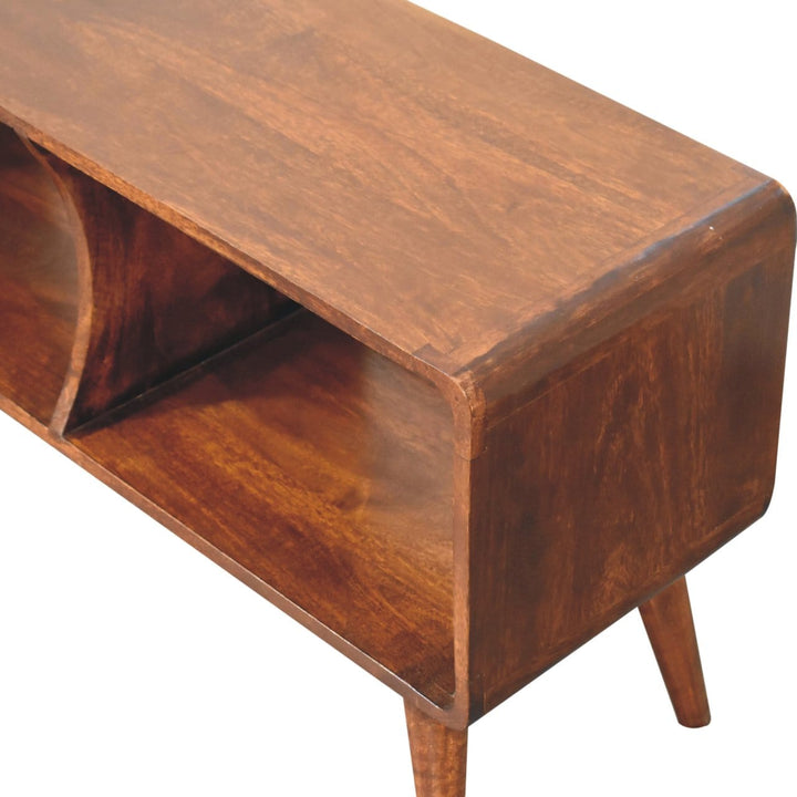 Handcrafted Curved Chestnut Double Slot TV Stand - Solid Mango Wood Entertainment Center for Living Room - product view 5...