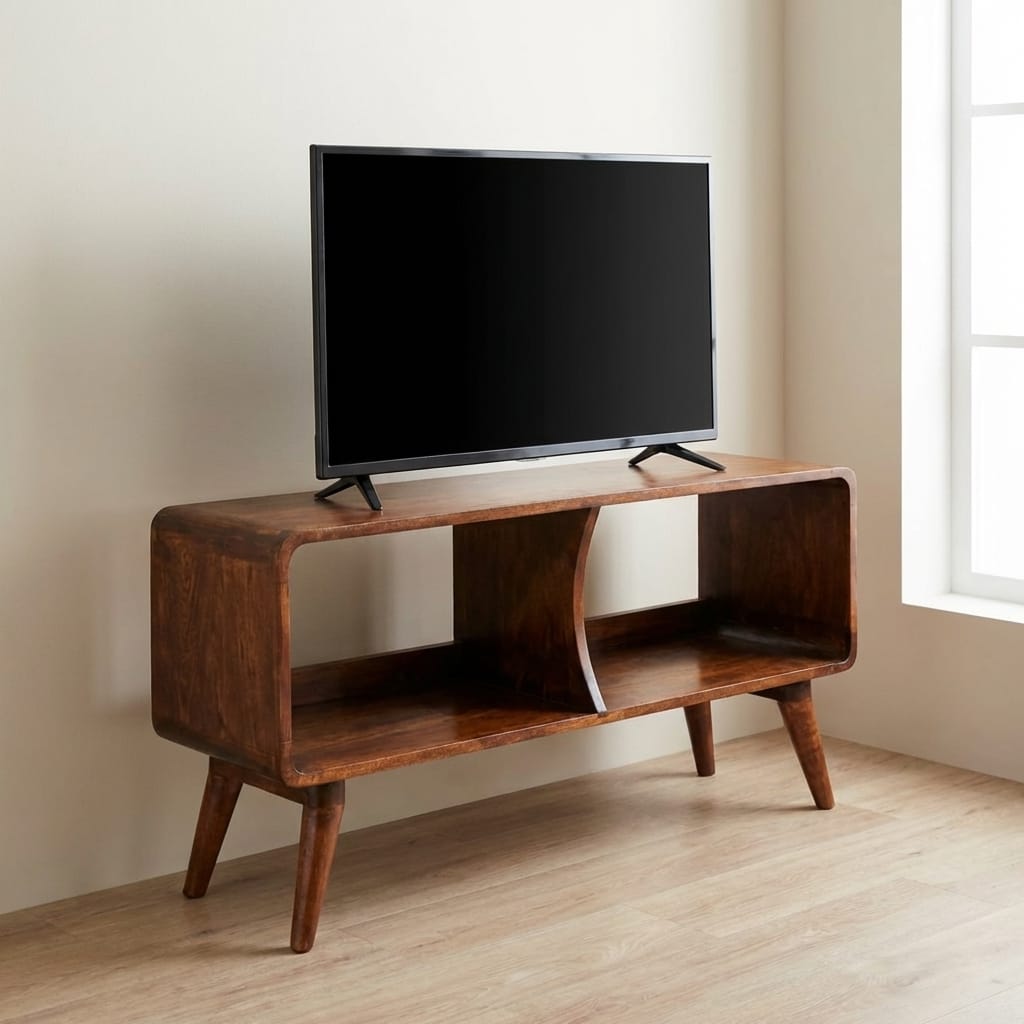 Handcrafted Curved Chestnut Double Slot TV Stand - Solid Mango Wood Entertainment Center for Living Room - main view...